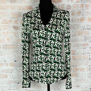 Philosophy Green Black Cream Geometric Print Design Fitted Shirt